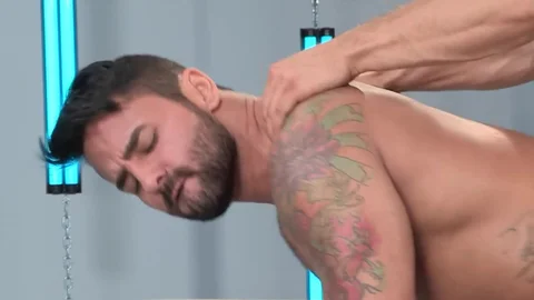 Inked hunk fucked in doggy style and throated until the last drops of gay jizz